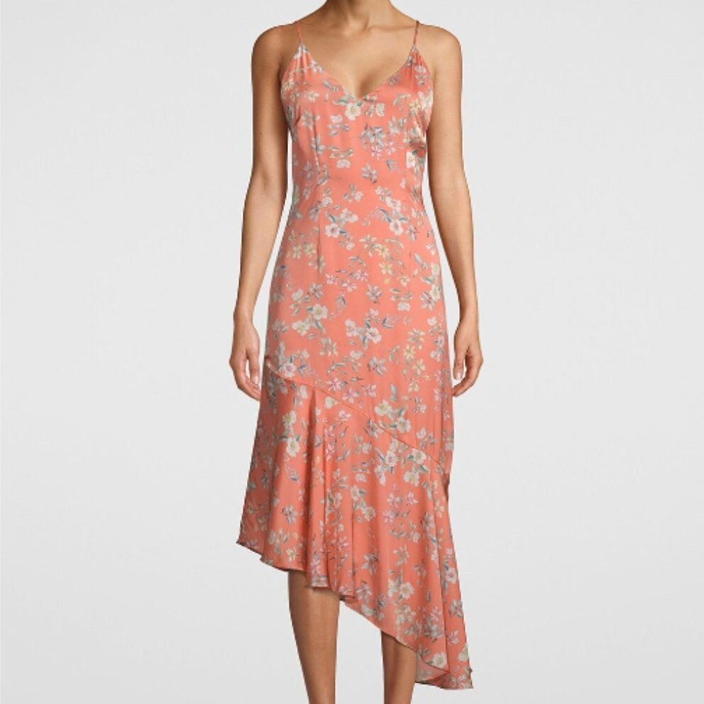 WHBM Coral Floral Print Asymmetrical Flowy Midi Dress Size 14 Petite